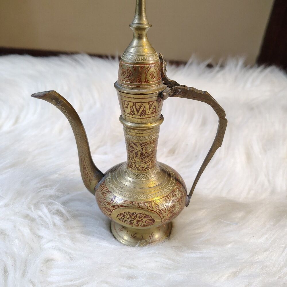 Brass Ingraved W Red Detail "India 261" VTG Pitcher With Lid And Spout Tea Pot